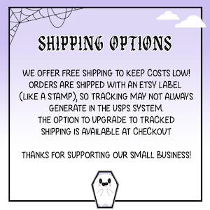 May include: A graphic with the text "SHIPPING OPTIONS" and additional text about shipping methods. The image has a purple background with a spiderweb and clouds. A cartoon coffin is at the bottom.