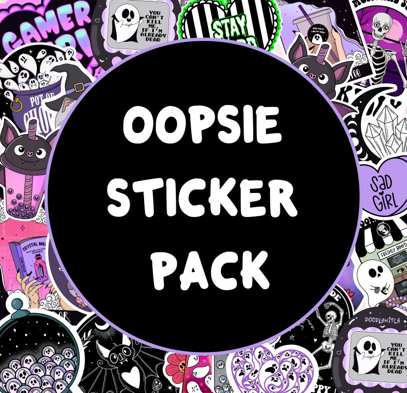 May include: A selection of vibrant stickers featuring cartoon ghosts, bats, and other quirky designs. The central sticker displays "OOPSIE STICKER PACK" in white text on a black circle. Other stickers include phrases such as "SAD GIRL" and "STAY".
