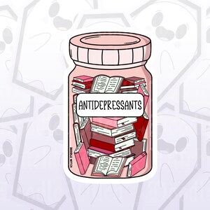 May include: A sticker featuring a pink jar labeled "ANTIDEPRESSANTS" filled with stacked books in shades of pink and red. The jar has a pink lid and is surrounded by a white outline. The words "DOODLE WITCH" are printed on the side.