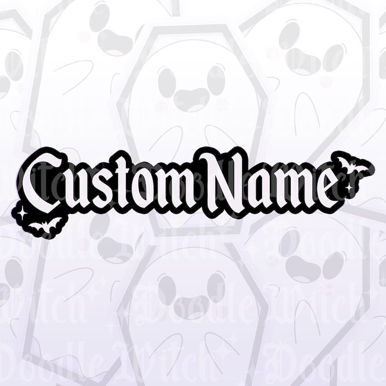 May include: A black and white sticker with the text "Custom Name" in a gothic font, adorned with bat and star accents. The background features a pattern of cartoon ghosts in coffins.