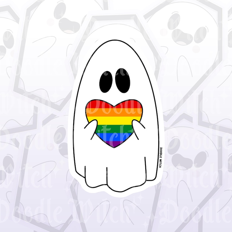 K&ouml;nnte beinhalten: Ein wei&szlig;er Geisteraufkleber mit schwarzen Augen und einem Regenbogenherz. Der Geist h&auml;lt das Herz in den Farben der LGBTQ+-Pride-Flagge. Der Aufkleber hat den Text "Doodle Witch" an der Seite.
