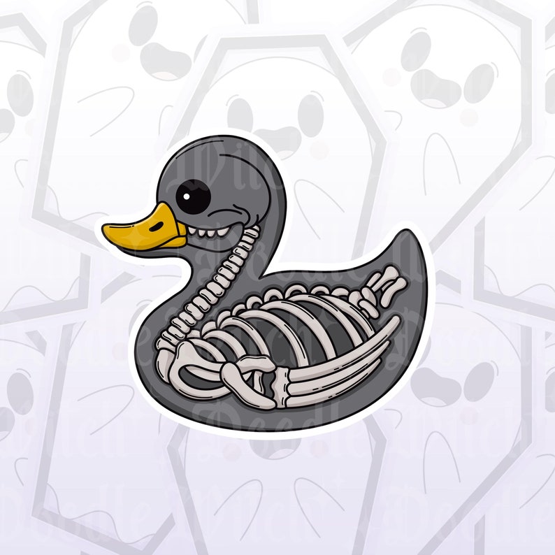 May include: A gray rubber duck sticker with a yellow beak and a skeleton design. The duck's internal skeletal structure is visible, with rib bones and a spine. The sticker has a white border and is set against a background of repeating ghost-like shapes.