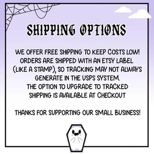May include: A purple-themed graphic with the words "SHIPPING OPTIONS" in a gothic font. Text below details shipping methods, including free shipping and the option to upgrade to tracked shipping. A cute ghost in a coffin is at the bottom.