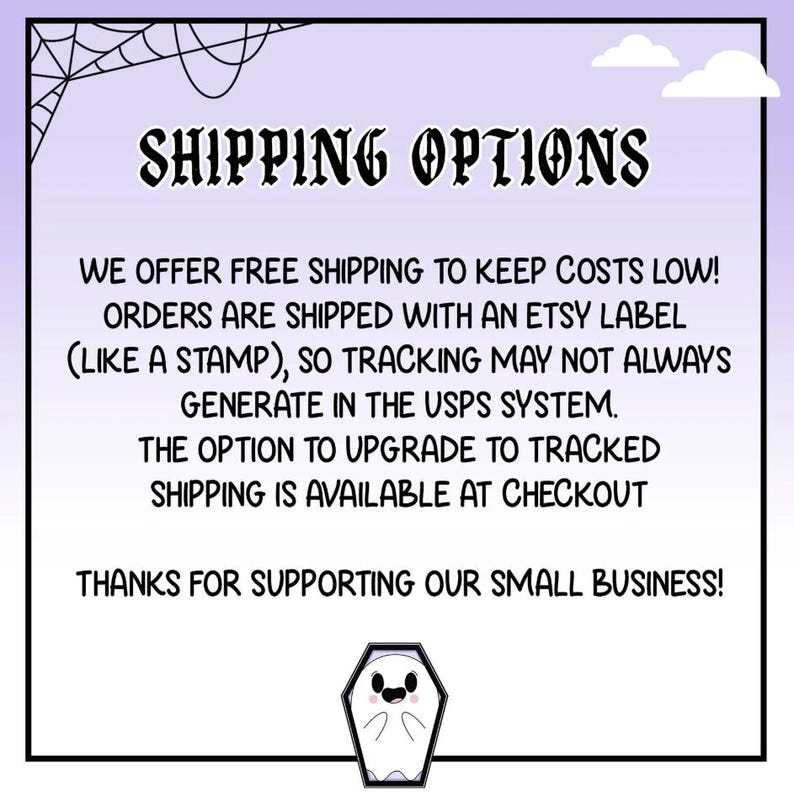 May include: A purple-themed graphic with the words "SHIPPING OPTIONS" in a gothic font. Text below details shipping methods, including free shipping and the option to upgrade to tracked shipping. A cute ghost in a coffin is at the bottom.