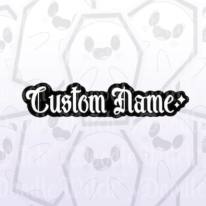 May include: Black and white sticker with the text "Custom Name" in a decorative font. The sticker has a diamond shape on the right side. The background features a pattern of smiling ghost illustrations.