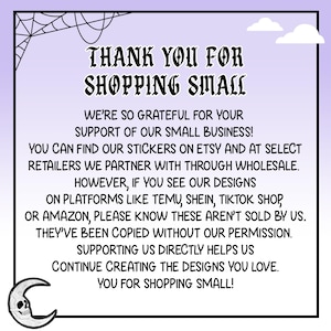 May include: A light purple graphic with the text "THANK YOU FOR SHOPPING SMALL" in a gothic font. The image includes a spiderweb, clouds, and a crescent moon with a skull. Text encourages support of small businesses.