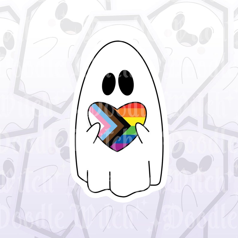 K&ouml;nnte beinhalten: Ein wei&szlig;er Geisteraufkleber mit schwarzen Augen und einem Regenbogenherz. Das Herz zeigt die Farben der LGBTQ+-Pride-Flagge. Der Geist h&auml;lt das Herz mit seinen H&auml;nden.