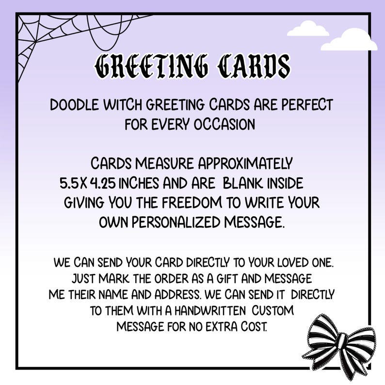 以下が含まれることがあります： ゴシック体の「GREETING CARDS」の文字が入ったラベンダー色のグリーティングカード。カードのサイズは約14 x 10.8 cmで、内側は空白です。白と黒のリボンが右下にあります。
