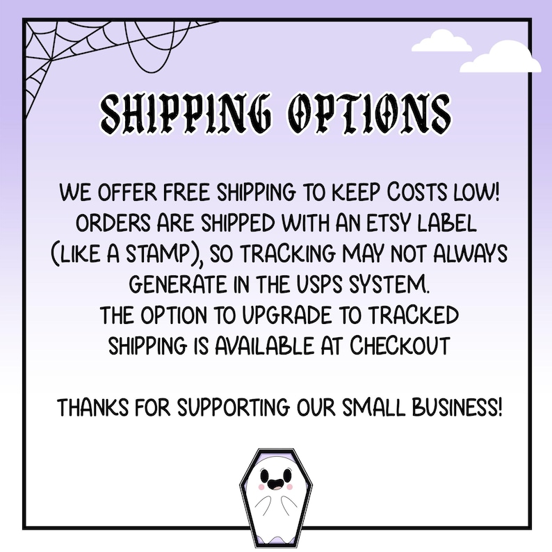 May include: A graphic with the text "SHIPPING OPTIONS" and additional text about shipping methods. The image has a purple background with a spiderweb and clouds. A cartoon coffin is at the bottom.