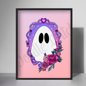Geist im Blumenrahmen Druck, Pastell Gothic Wanddekor, Gruselige Drucke, Geist Poster, Süßes Gruseliges Dekor, Blumenbild, Edelsteine Druck