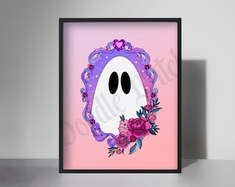 Ghost in Floral Frame print, Pastel Gothic Wall Decor, Spooky Prints, Ghost Posters, Cute Spooky Decor, Flower Print Art, Gemstones Print