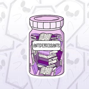 May include: A sticker featuring a jar filled with books in shades of purple. The jar has a light purple lid and the label reads "ANTIDEPRESSANTS". The sticker has a white border and the artist's name, "DOODLE WITCH", is printed on the side.