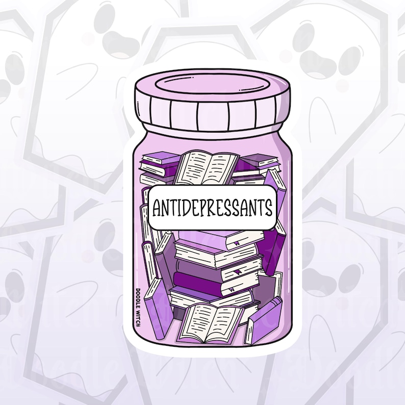 May include: A sticker featuring a jar filled with books in shades of purple. The jar has a light purple lid and the label reads "ANTIDEPRESSANTS". The sticker has a white border and the artist's name, "DOODLE WITCH", is printed on the side.