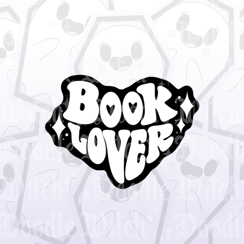 May include: A black and white sticker with the words "Book Lover" in a retro font. The word "Book" has a heart in place of the letter "O". The sticker has a black border with white stars and diamonds.
