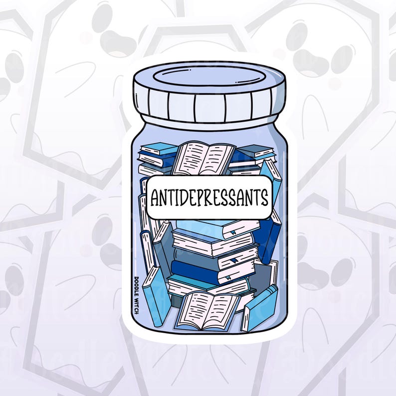 May include: A sticker featuring a jar filled with books in shades of blue. The jar has a light blue lid and the label reads "ANTIDEPRESSANTS". The sticker has a white border and the words "DOODLE WITCH" are printed on the side.