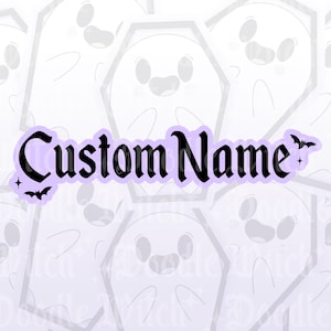May include: A sticker with the text "Custom Name" in a gothic font, outlined in black, on a light purple background. The design includes small bat and star graphics. The background features a pattern of smiling ghost illustrations.