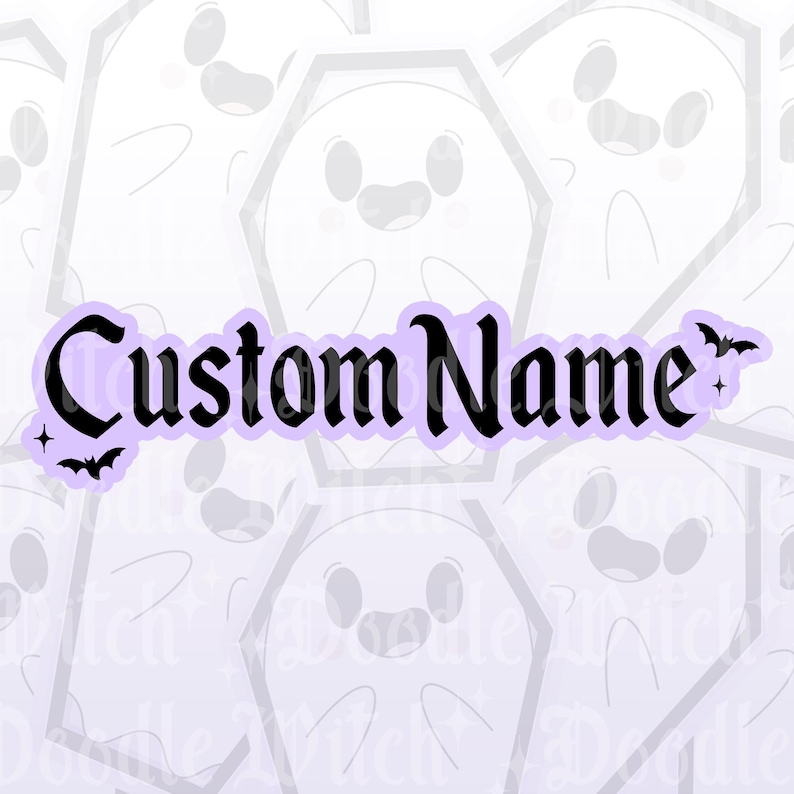May include: A sticker with the text "Custom Name" in a gothic font, outlined in black, on a light purple background. The design includes small bat and star graphics. The background features a pattern of smiling ghost illustrations.