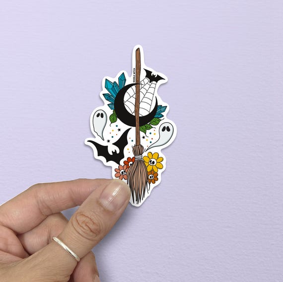 Broomstick Sticker, Witch Gifts, Ghost Sticker, Crystal Sticker, Goth Gifts, Moon Sticker, Spiritual Stickers, Bat Floral Gift