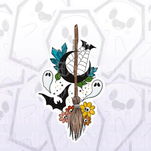 May include: A sticker featuring a whimsical Halloween design. It includes a broom, a crescent moon with a spiderweb, a bat, ghosts, flowers, and crystals. The text "DOODLE WITCH" is also present.
