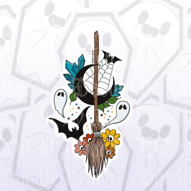 May include: A sticker featuring a whimsical Halloween design. It includes a broom, a crescent moon with a spiderweb, a bat, ghosts, flowers, and crystals. The text "DOODLE WITCH" is also present.