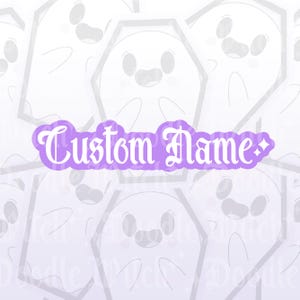 May include: A light purple sticker with the text "Custom Name" in a decorative font. The sticker is in front of a background of white cartoon ghosts in coffins.