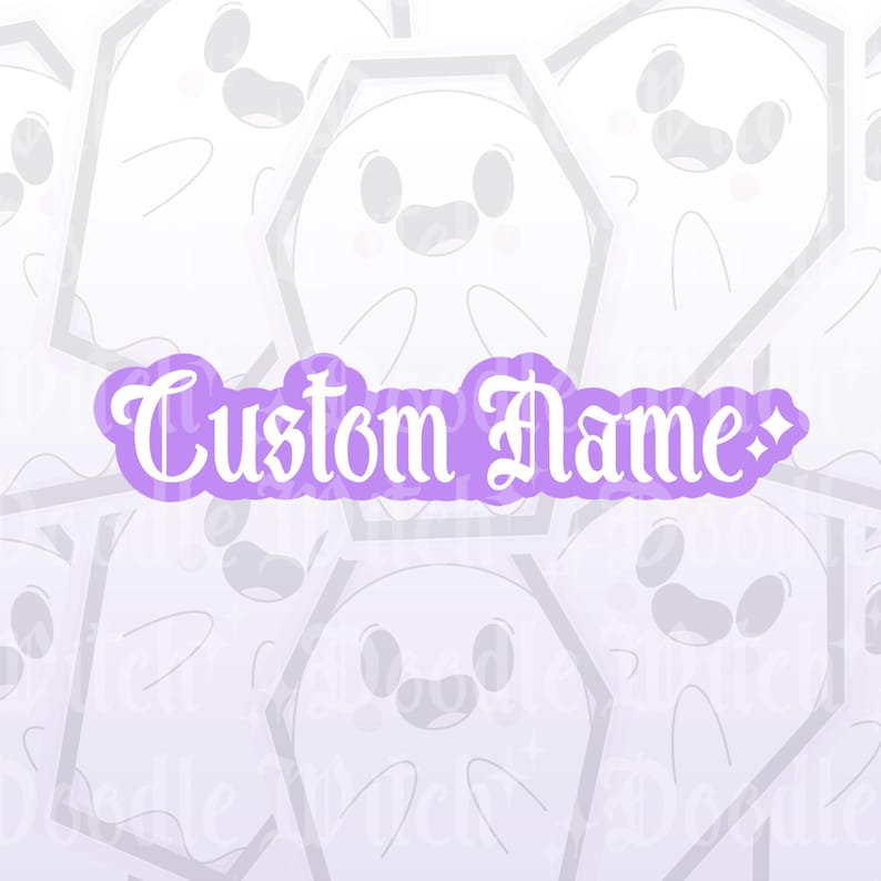 May include: A light purple sticker with the text "Custom Name" in a decorative font. The sticker is in front of a background of white cartoon ghosts in coffins.