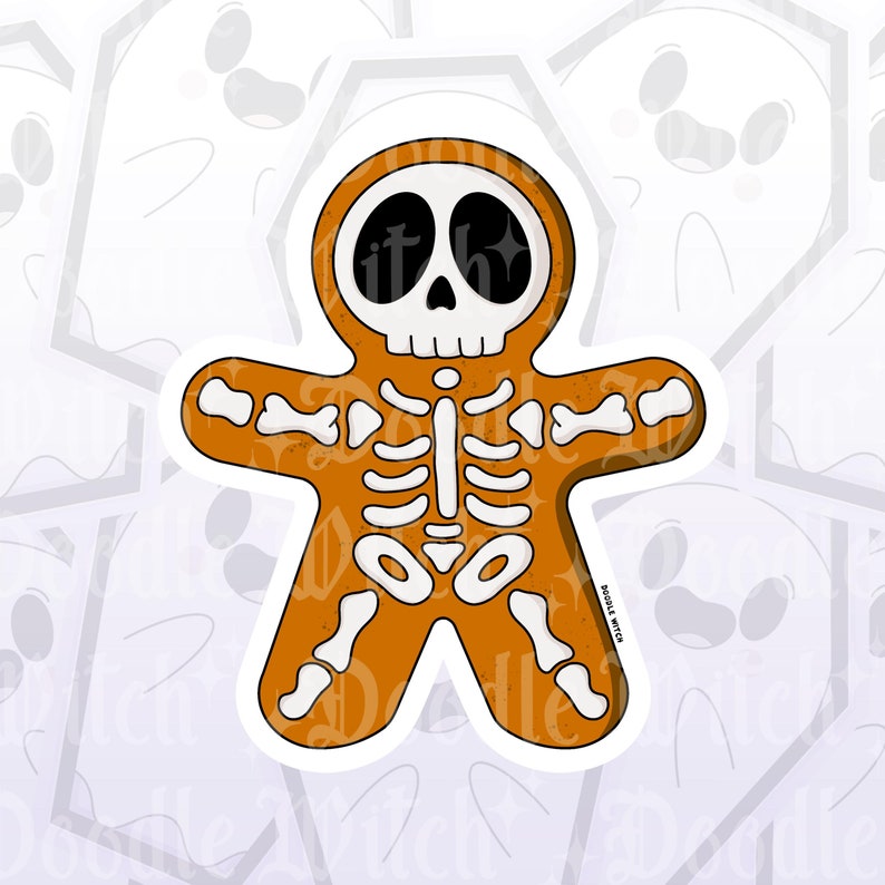 May include: A Halloween-themed sticker featuring a gingerbread man design with a skeleton motif. The gingerbread man is orange with white bone details and a skull face. The sticker has the text "Doodle Witch" on the bottom right.