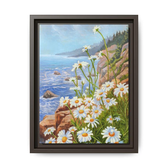 Framed Print, Coastal Daisies Painting, Matte Canvas Wall Art, BC Canadian Shoreline Decor, Sea Spray Artwork, Ocean View Picture,