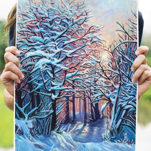 Print, Bright abstract winter landscape painting in acrylic on canvas.