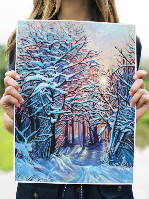 Print, Bright abstract winter landscape painting in acrylic on canvas.