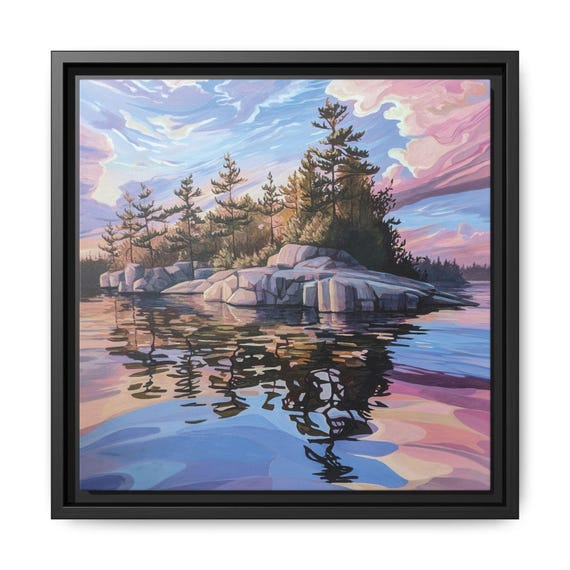 Georgian Bay Island Sunset  Painting Matte Canvas, Framed | Serene Lake Reflection Art | Fine Art Print