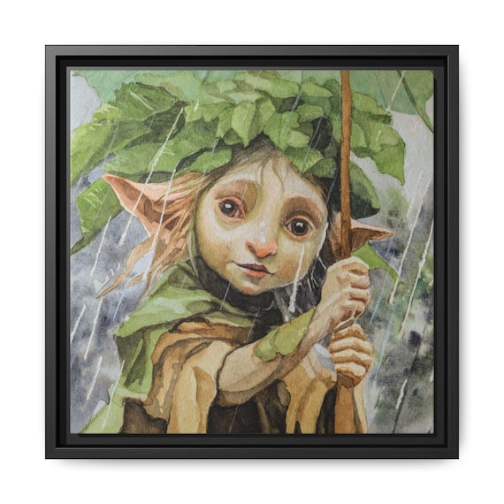 Print |  Faerie in Leaf Umbrella | Watercolour painting |  Matte Canvas, Framed | Woodland Rainy Day Art