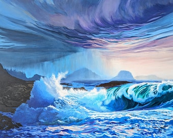 Original Landscape Painting, Storm over Ucluelet, Pacific Northwest, Canada Acrylic on Canvas,  Canadian art