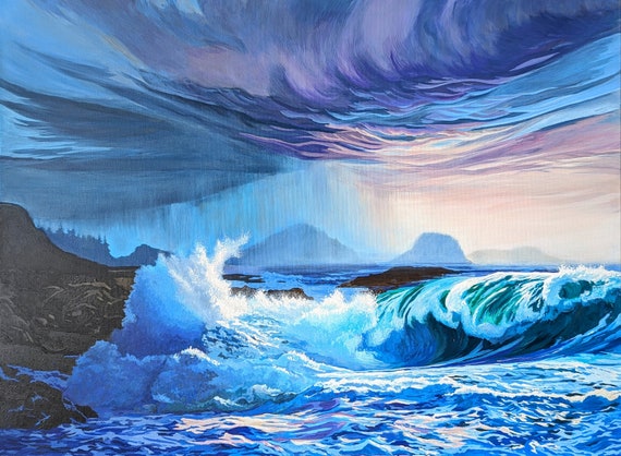 Original Landscape Painting, Storm over Ucluelet, Pacific Northwest, Canada Acrylic on Canvas,  Canadian art