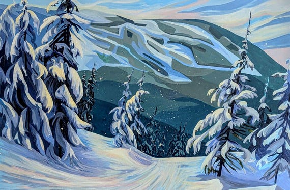 Original Landscape Painting, whistler ski trip, Canadian winter, ski slopes, Canada Acrylic on Canvas,  Canadian art