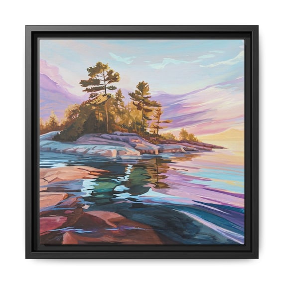 Georgian Bay Sunset Island Painting Matte Canvas, Framed | Serene Lake Reflection Art | Fine Art Print