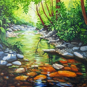Originele landschapsschilderkunst, rustige waterkant, Canadese zomer, Canada acryl op canvas, Canadese kunst