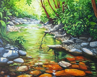 Original Landscape Painting, tranquil waterside, Canadian summer,, Canada Acrylic on Canvas,  Canadian art
