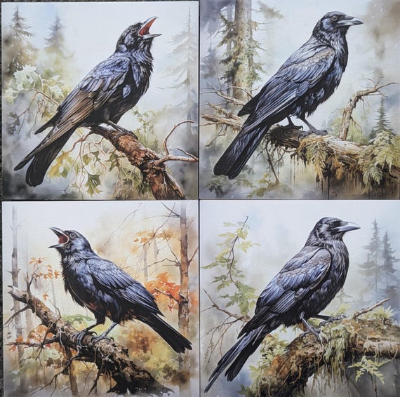 Digital watercolor painting print, crows, BC crow, paper mounted on wood frame. 8x8 inches.