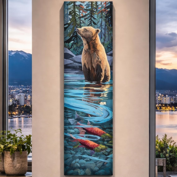 Where Instinct Pauses | Bear Painting, Wildlife Art, Salmon River Scene, Pacific Northwest Landscape, Nature Art, Original Acrylic Painting