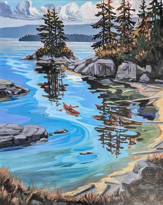 Original Kayaking Painting | Coastal Landscape, Ocean Reflection Art
