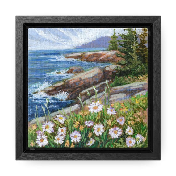 Framed Print, Coastal Daisies Painting, Matte Canvas Wall Art, BC Canadian Shoreline Decor, Ocean View Picture,