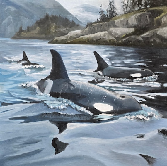 The Passage, Oil Painting, Original 12x12" Orca Whale painting, Salish sea