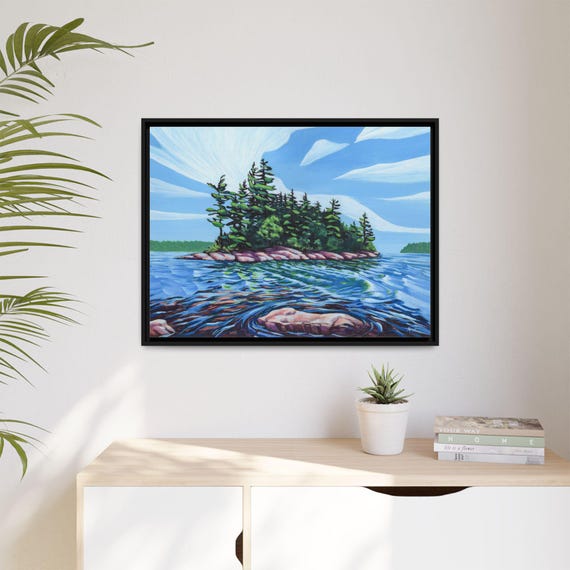 Framed Canvas, Muskoka Island Painting Inspired, Kayak Trip Family Memories, Water Waves Breeze, Matte Wall Art, Home Decor