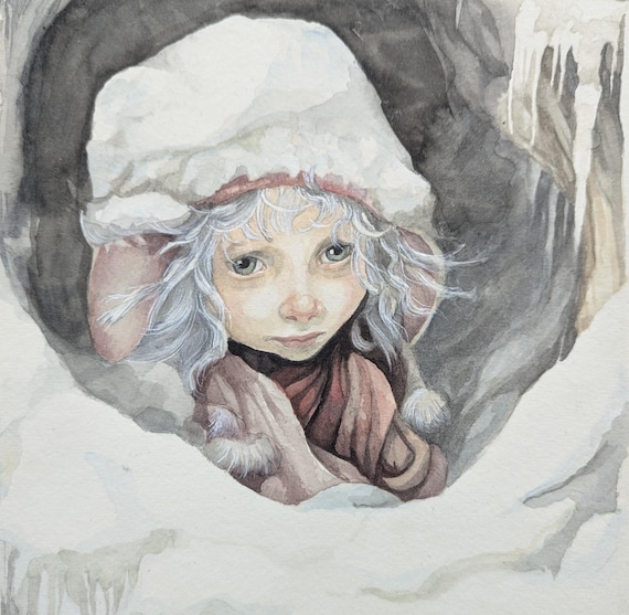 Original watercolor painting, faerie, watercolor paper mounted on wood frame.  8x8 inches.  Varnished and Protected with Dorland wax.