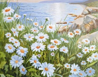 Original Landscape Painting, Daisies along the coast, Pacific Northwest, Canada Acrylic on Canvas,  Canadian art