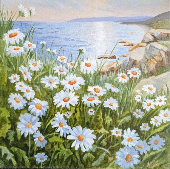 Original Landscape Painting, Daisies along the coast, Pacific Northwest, Canada Acrylic on Canvas,  Canadian art