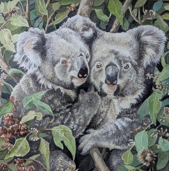 Original watercolor painting, koala, watercolor paper mounted on wood frame.  8x8 inches.  Varnished and Protected with Dorland wax.