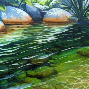 Originele landschapsschilderkunst, rustige waterkant, walsend zonlicht, Canadese zomer, Canada acryl op canvas, Canadese kunst