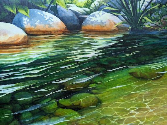 Original Landscape Painting, tranquil waterside, waltzing sunlight, Canadian summer, Canada Acrylic on Canvas,  Canadian art